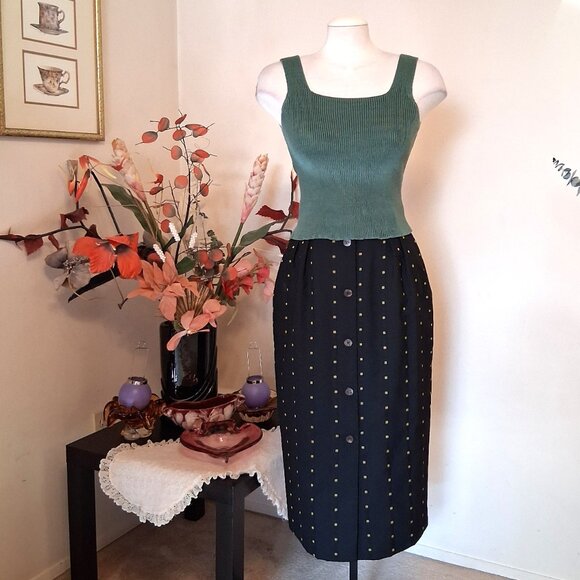 Vintage Mondi Black Green High Waist Wool Midi VTG Skirt - Picture 8 of 9